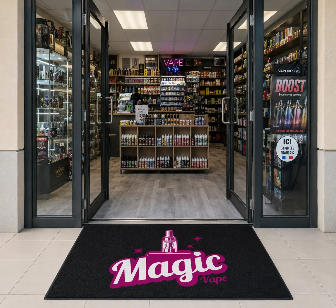 Entrée de commerce avec un tapis d'entrée personnalisé à un logo