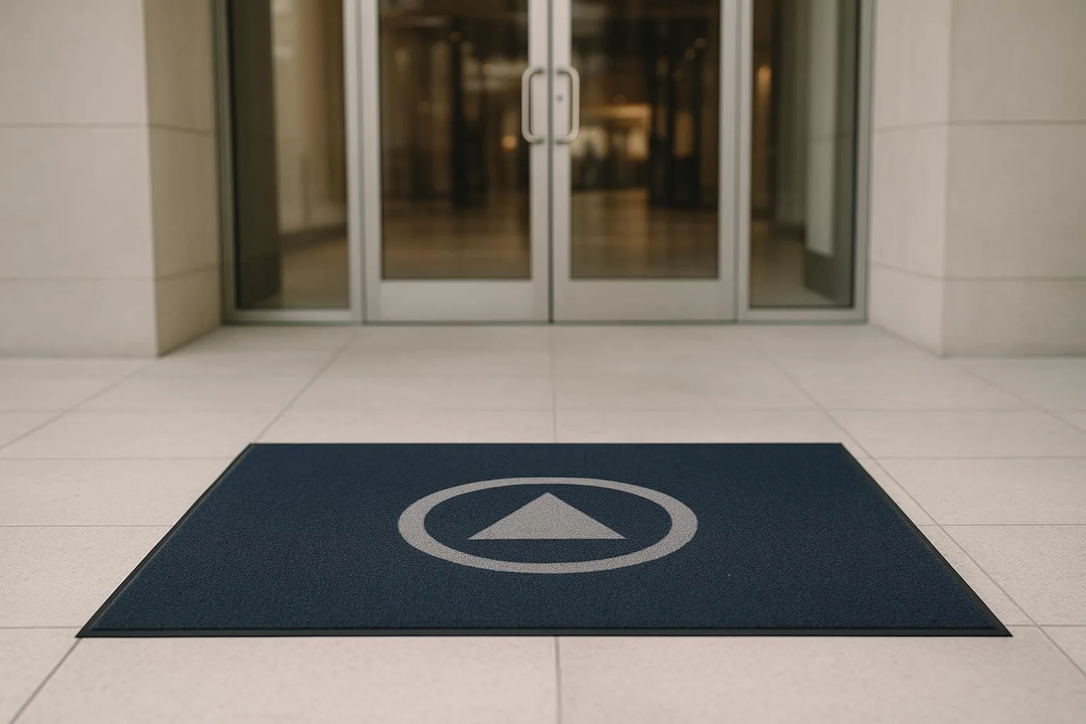 Entrée de centre commercial avec un tapis d'entrée personnalisé à un logo